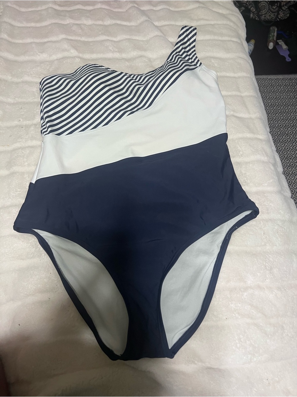 Kona Sol Navy and White One-Shoulder One-Piece Swimsuit